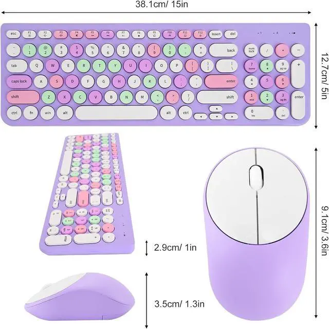 Alt view image 5 of 5 - Wireless Keyboard and Mouse Combo, Retro Typewriter Keyboard with Round Keycaps, 2.4GHz USB Cute Wireless Keyboard Mouse for Computer, Desktop, Laptop (Purple Colorful)