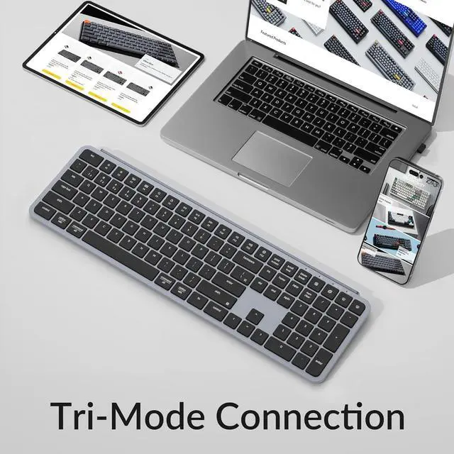 Alt view image 2 of 5 - B6 Pro Ultra-Thin Wireless Keyboard, Full-Size ZMK with Numeric Keypad Quiet Typing, 2.4 GHz/Bluetooth 5.2/Wired Connection Long Battery Life, Compatible with Mac Windows Linux - Space Gray