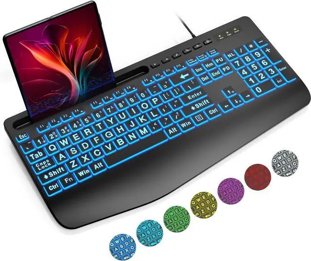 Main image of Large Print Backlit Keyboard, Wired USB Computer Keyboards with 7-Colors Backlight, Wrist Rest, Phone Holder, Oversized Letter Keys Easy to See and Type for Laptop, PC, Windows, Black