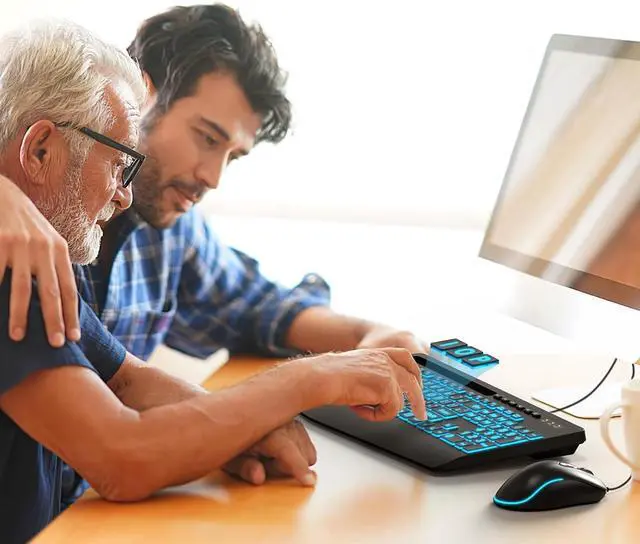 Alt view image 4 of 4 - Large Print Backlit Keyboard, Wired USB Computer Keyboards with 7-Colors Backlight, Wrist Rest, Phone Holder, Oversized Letter Keys Easy to See and Type for Laptop, PC, Windows, Black
