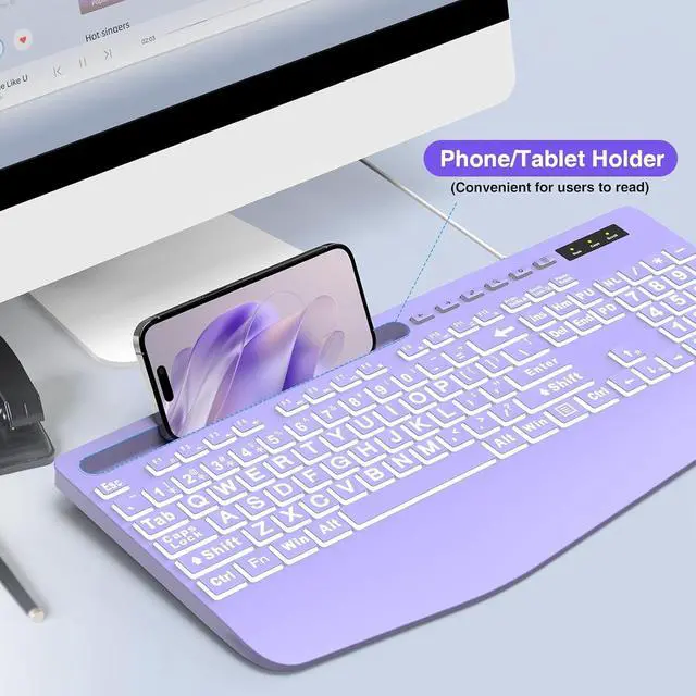 Alt view image 4 of 4 - Large Print Backlit Computer Keyboards, Wired Lighted USB Keyboards with 7-Color Backlit, Wrist Rest, Phone Holder, Easy to Read and Type for Laptop, PC, Windows, Desktop (Purple)
