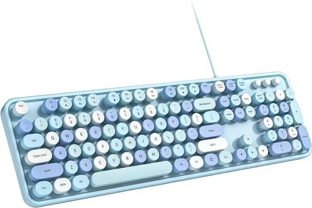 Main image of Computer Keyboard Wired, Plug Play USB Retro Round Typewriter Keyboard, Full Size Wired Keyboard with Foldable Stands for Laptop and Office PC - Blue Colorful