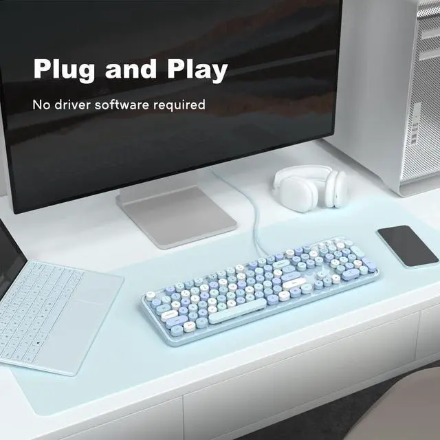 Alt view image 3 of 4 - Computer Keyboard Wired, Plug Play USB Retro Round Typewriter Keyboard, Full Size Wired Keyboard with Foldable Stands for Laptop and Office PC - Blue Colorful