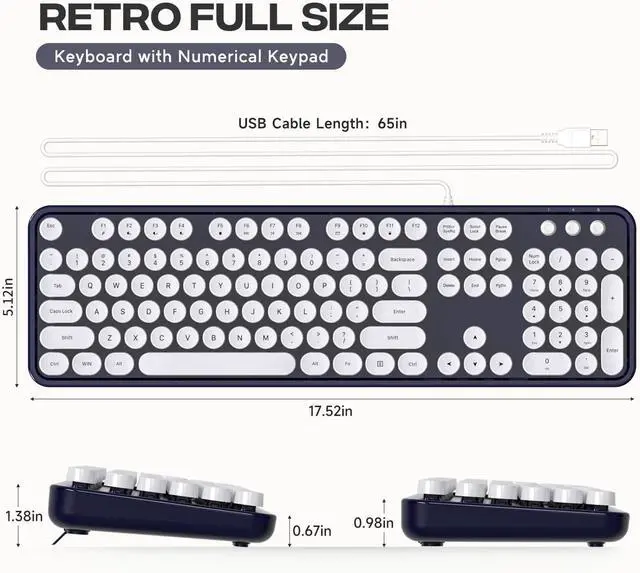 Alt view image 5 of 5 - Computer Keyboard Wired, Plug Play USB Retro Round Typewriter Keyboard, Full Size Wired Keyboard with Foldable Stands for Laptop and Office PC
