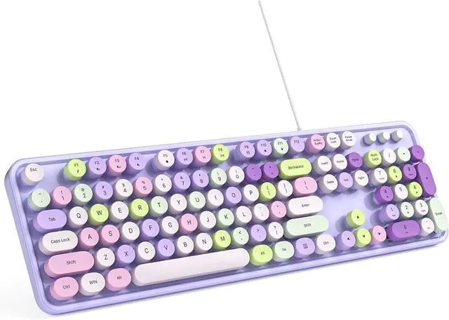 Main image of Computer Keyboard Wired, Plug and Play USB Retro Round Typewriter Keyboard, Full Size Wired Keyboard with Foldable Stands for Laptop and Office PC- Purple Colorful