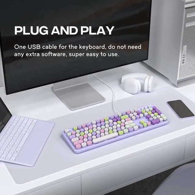 Alt view image 2 of 5 - Computer Keyboard Wired, Plug and Play USB Retro Round Typewriter Keyboard, Full Size Wired Keyboard with Foldable Stands for Laptop and Office PC- Purple Colorful