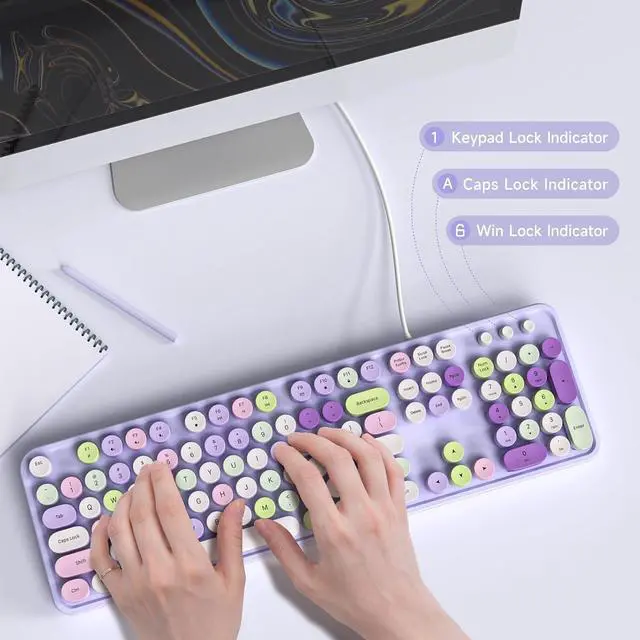 Alt view image 3 of 5 - Computer Keyboard Wired, Plug and Play USB Retro Round Typewriter Keyboard, Full Size Wired Keyboard with Foldable Stands for Laptop and Office PC- Purple Colorful