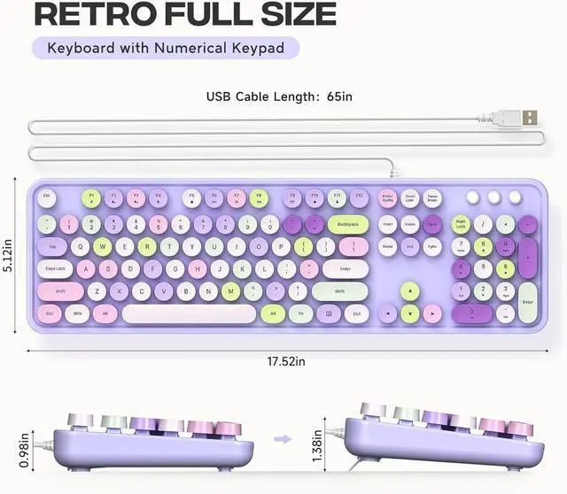 Alt view image 5 of 5 - Computer Keyboard Wired, Plug and Play USB Retro Round Typewriter Keyboard, Full Size Wired Keyboard with Foldable Stands for Laptop and Office PC- Purple Colorful