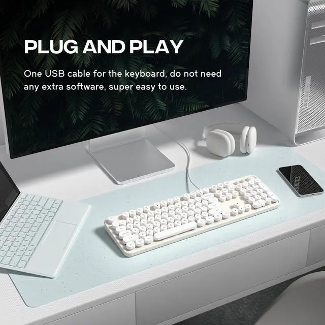 Alt view image 3 of 5 - Computer Keyboard Wired, Plug Play USB Retro Round Typewriter Keyboard, Full Size Wired Keyboard with Foldable Stands for Laptop and Office PC