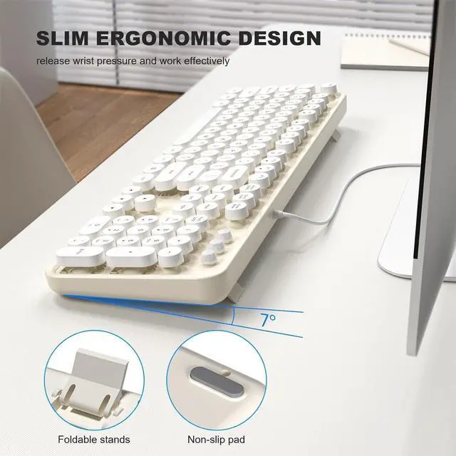 Alt view image 4 of 5 - Computer Keyboard Wired, Plug Play USB Retro Round Typewriter Keyboard, Full Size Wired Keyboard with Foldable Stands for Laptop and Office PC