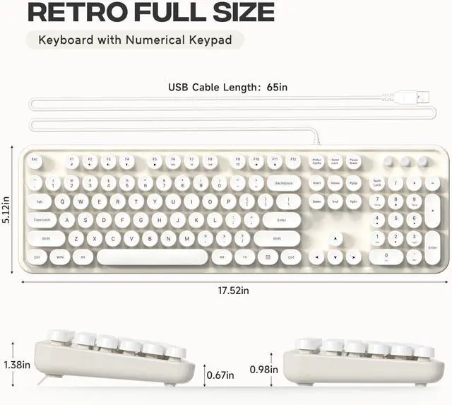 Alt view image 5 of 5 - Computer Keyboard Wired, Plug Play USB Retro Round Typewriter Keyboard, Full Size Wired Keyboard with Foldable Stands for Laptop and Office PC