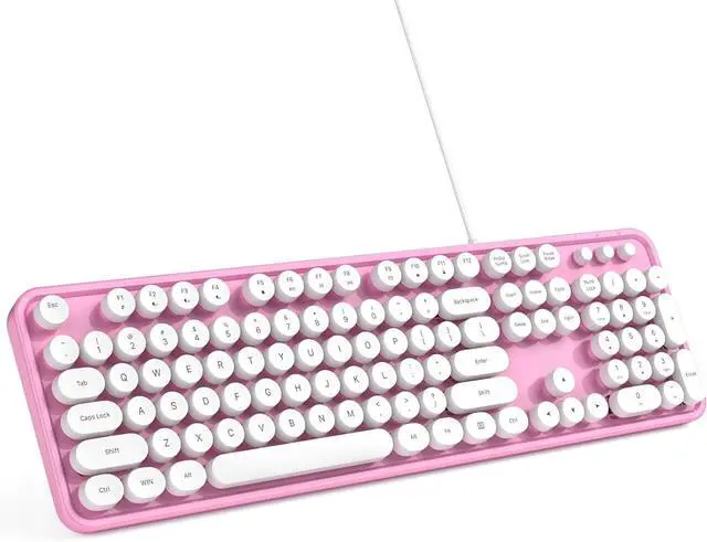 Main image of Computer Keyboard Wired, Plug and Play USB Retro Round Typewriter Keyboard, Full Size Wired Keyboard with Foldable Stands for Laptop and Office PC- Pink&White Colorful