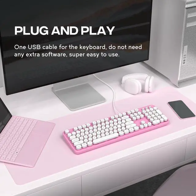 Alt view image 2 of 5 - Computer Keyboard Wired, Plug and Play USB Retro Round Typewriter Keyboard, Full Size Wired Keyboard with Foldable Stands for Laptop and Office PC- Pink&White Colorful