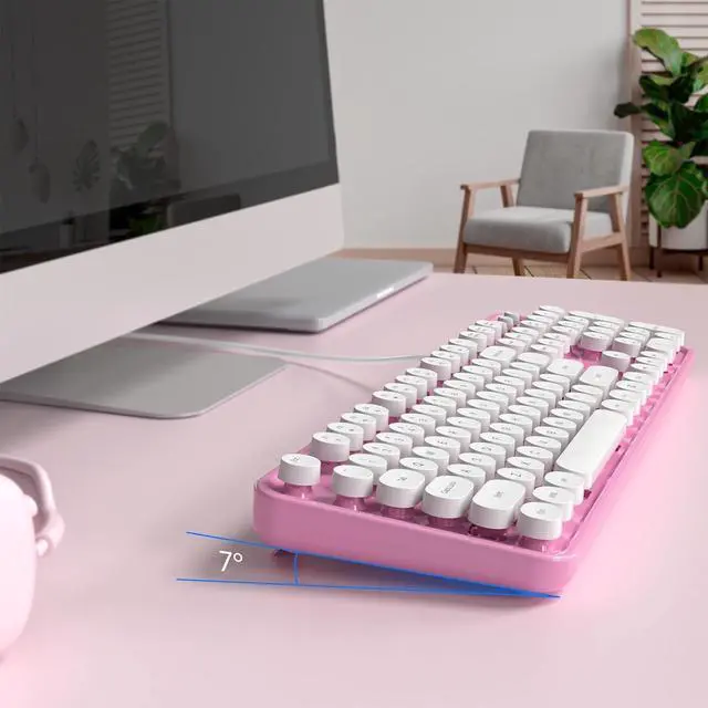 Alt view image 3 of 5 - Computer Keyboard Wired, Plug and Play USB Retro Round Typewriter Keyboard, Full Size Wired Keyboard with Foldable Stands for Laptop and Office PC- Pink&White Colorful