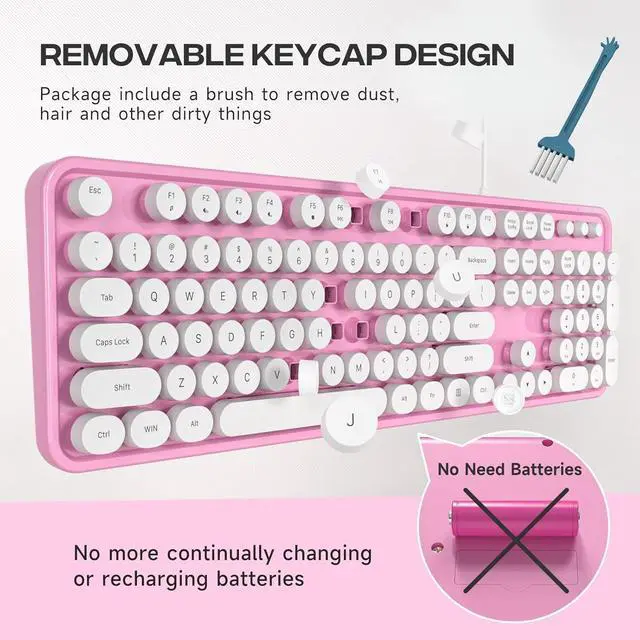 Alt view image 4 of 5 - Computer Keyboard Wired, Plug and Play USB Retro Round Typewriter Keyboard, Full Size Wired Keyboard with Foldable Stands for Laptop and Office PC- Pink&White Colorful