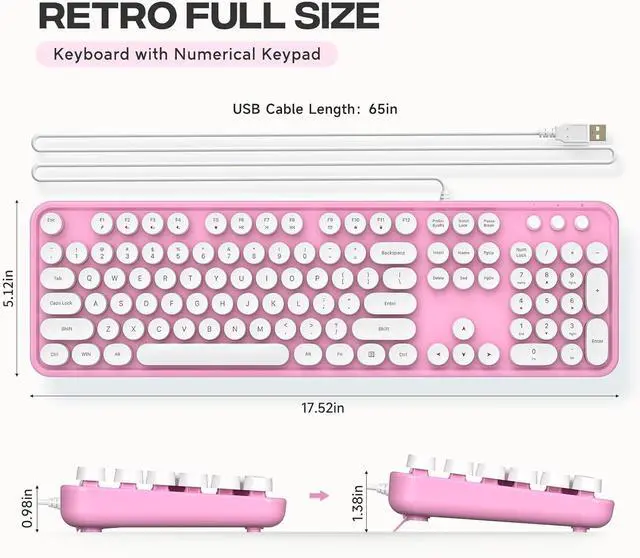 Alt view image 5 of 5 - Computer Keyboard Wired, Plug and Play USB Retro Round Typewriter Keyboard, Full Size Wired Keyboard with Foldable Stands for Laptop and Office PC- Pink&White Colorful
