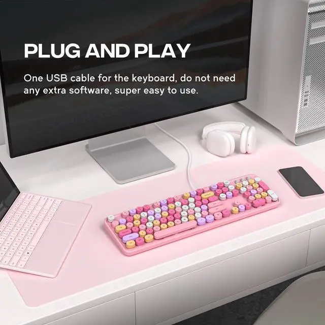Alt view image 2 of 5 - Computer Keyboard Wired, Plug and Play USB Retro Round Typewriter Keyboard, Full Size Wired Keyboard with Foldable Stands for Laptop and Office PC- Pink Colorful