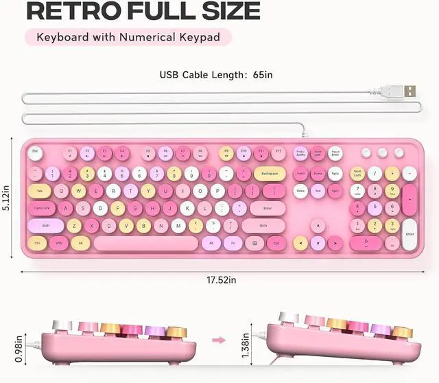 Alt view image 5 of 5 - Computer Keyboard Wired, Plug and Play USB Retro Round Typewriter Keyboard, Full Size Wired Keyboard with Foldable Stands for Laptop and Office PC- Pink Colorful
