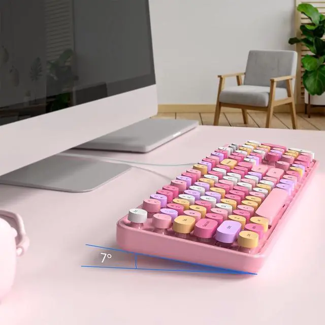 Alt view image 4 of 5 - Computer Keyboard Wired, Plug and Play USB Retro Round Typewriter Keyboard, Full Size Wired Keyboard with Foldable Stands for Laptop and Office PC- Pink Colorful