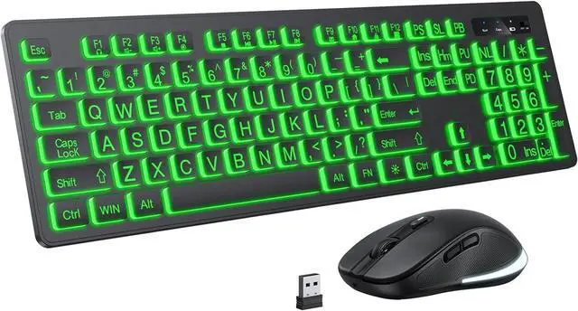 Main image of Large Print Wireless Keyboard and Mouse - 7 Colors Backlit Keyboard, Oversize Letters Keys Easy to See and Type, Rechargeable Keyboard and Mouse with Light Up Key, Compatible for PC, Windows, Gaming