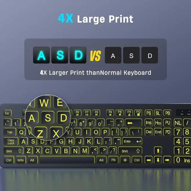 Alt view image 2 of 3 - Large Print Wireless Keyboard and Mouse - 7 Colors Backlit Keyboard, Oversize Letters Keys Easy to See and Type, Rechargeable Keyboard and Mouse with Light Up Key, Compatible for PC, Windows, Gaming