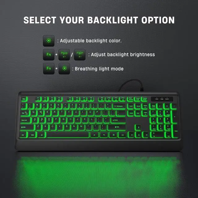 Alt view image 5 of 7 - Backlit Wired Keyboard, USB Lighted Computer Keyboards with 7 Colors Backlight, Full Size Silent Keyboard with Media Hotkey for Windows Desktop, PC, Laptop (Black, M)