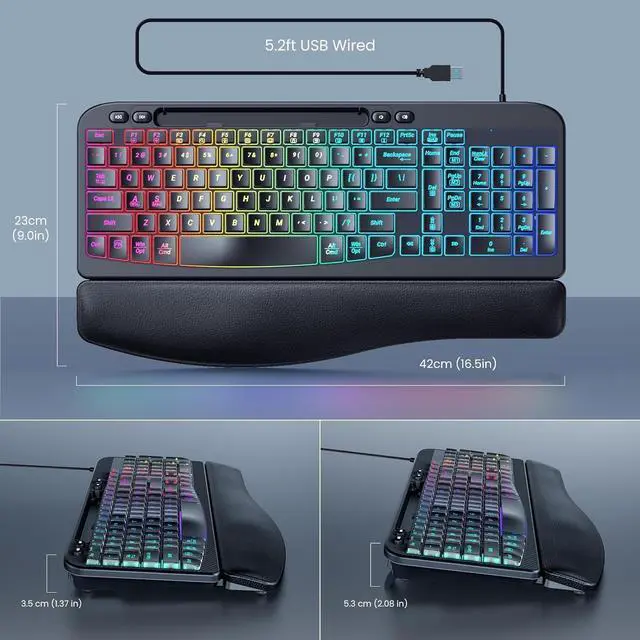 Alt view image 5 of 5 - FOR Ergonomic Backlit Keyboard with Wrist Rest, 7 Colors USB Wired Computer Keyboard, Wave Keys, with Phone/Tablet Holder, Comfortable Lighted Keyboard for PC, Windows and Mac