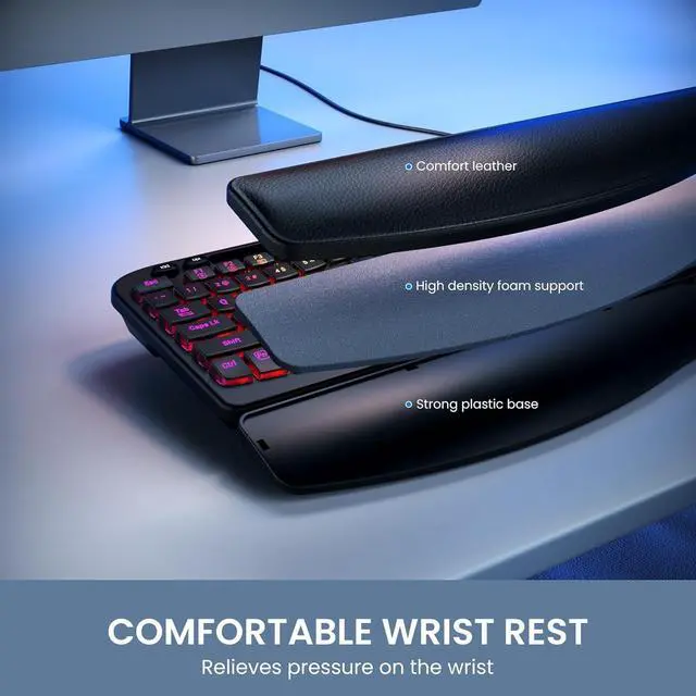 Alt view image 3 of 5 - FOR Ergonomic Backlit Keyboard with Wrist Rest, 7 Colors USB Wired Computer Keyboard, Wave Keys, with Phone/Tablet Holder, Comfortable Lighted Keyboard for PC, Windows and Mac