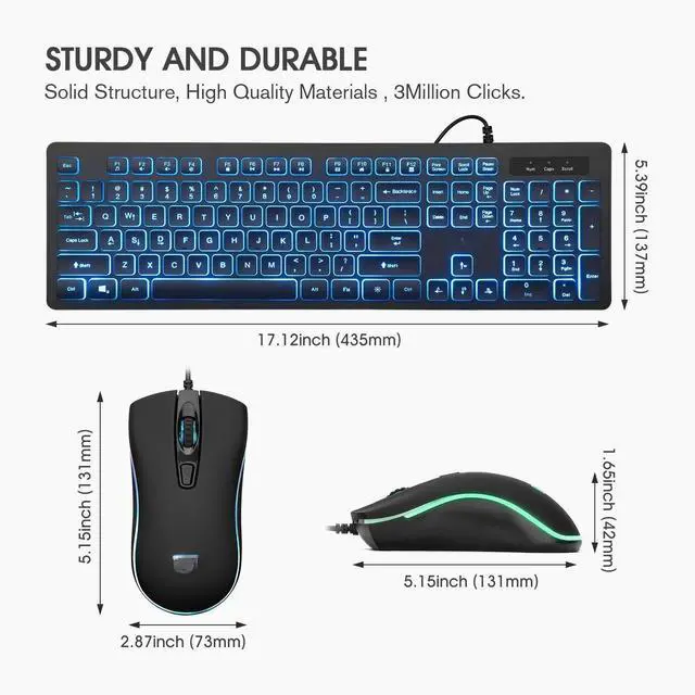 Alt view image 2 of 5 - Three Colors Backlit Keyboard and Mouse, Wired Keyboard and Mouse Combo, USB Keyboard and Mouse Set,Quiet Input Gaming Keyboard,Optical RGB Mouse for School,Office,Business and Gaming