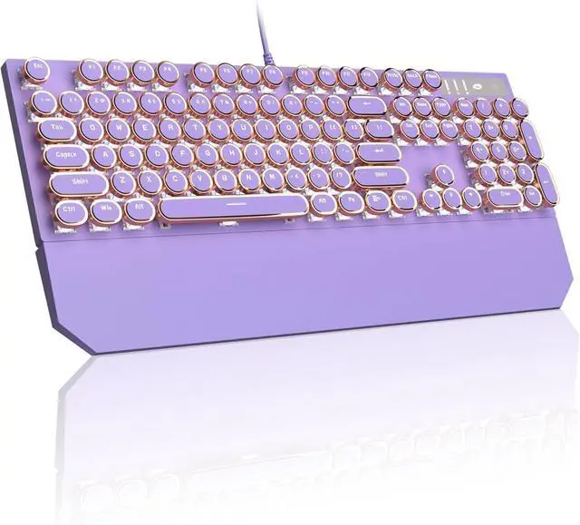 Main image of FOR-Typewriter Mechanical Gaming Keyboard, Retro Punk Purple Round Keycaps, 104 Keys LED White Backlit Wired Keyboards for Laptop MAC PC Gamer, with Magnetic Wrist Rest, Blue Switch