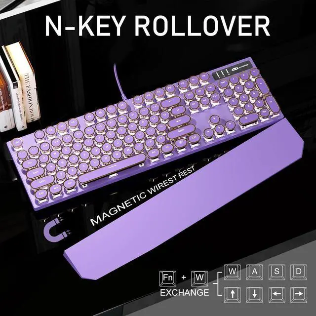 Alt view image 3 of 5 - FOR-Typewriter Mechanical Gaming Keyboard, Retro Punk Purple Round Keycaps, 104 Keys LED White Backlit Wired Keyboards for Laptop MAC PC Gamer, with Magnetic Wrist Rest, Blue Switch