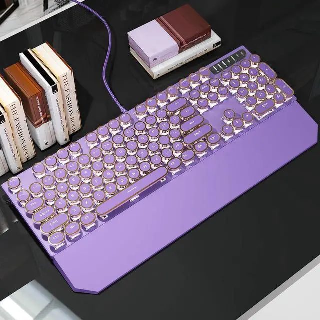 Alt view image 5 of 5 - FOR-Typewriter Mechanical Gaming Keyboard, Retro Punk Purple Round Keycaps, 104 Keys LED White Backlit Wired Keyboards for Laptop MAC PC Gamer, with Magnetic Wrist Rest, Blue Switch