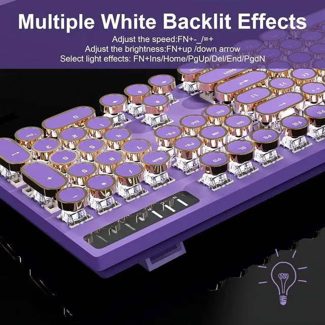 Alt view image 4 of 5 - FOR-Typewriter Mechanical Gaming Keyboard, Retro Punk Purple Round Keycaps, 104 Keys LED White Backlit Wired Keyboards for Laptop MAC PC Gamer, with Magnetic Wrist Rest, Blue Switch