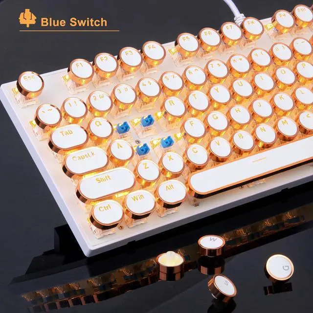 Alt view image 2 of 5 - FOR Typewriter Mechanical Gaming Keyboard, Retro Gold Punk Round Keycaps LED Backlit Wired Keyboards for Laptop MAC PC Gamer, with Magnetic Wrist Rest - Blue Switch
