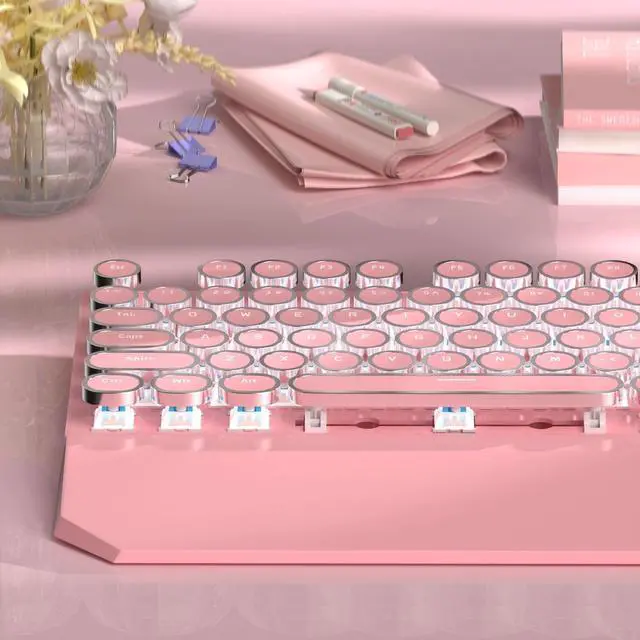 Alt view image 2 of 5 - FOR Typewriter Mechanical Gaming Keyboard, Retro Punk Pink Round Keycaps, 104 Keys LED White Backlit Wired Keyboards for Laptop MAC PC Gamer, with Magnetic Wrist Rest, Blue Switch