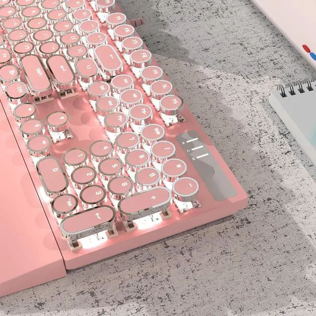 Alt view image 3 of 5 - FOR Typewriter Mechanical Gaming Keyboard, Retro Punk Pink Round Keycaps, 104 Keys LED White Backlit Wired Keyboards for Laptop MAC PC Gamer, with Magnetic Wrist Rest, Blue Switch