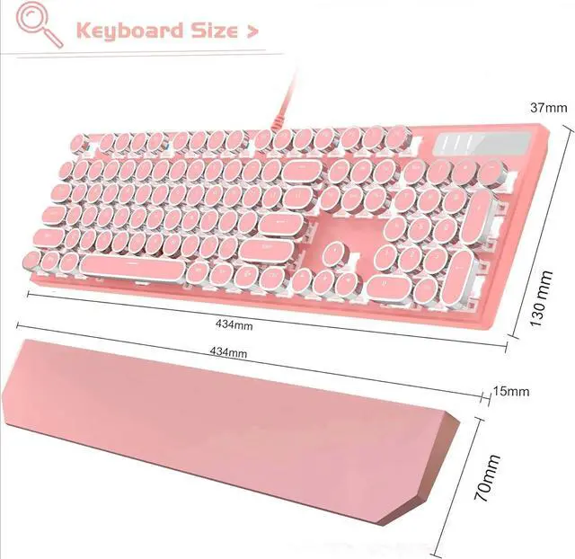 Alt view image 5 of 5 - FOR Typewriter Mechanical Gaming Keyboard, Retro Punk Pink Round Keycaps, 104 Keys LED White Backlit Wired Keyboards for Laptop MAC PC Gamer, with Magnetic Wrist Rest, Blue Switch