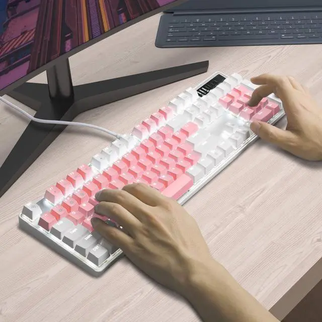 Alt view image 5 of 5 - Mechanical Gaming Keyboard, New Upgraded Blue Switch 104 Keys White Backlit Keyboards, USB Wired Mechanical Computer Keyboard for Laptop, Desktop, PC Gamers(White & Pink)