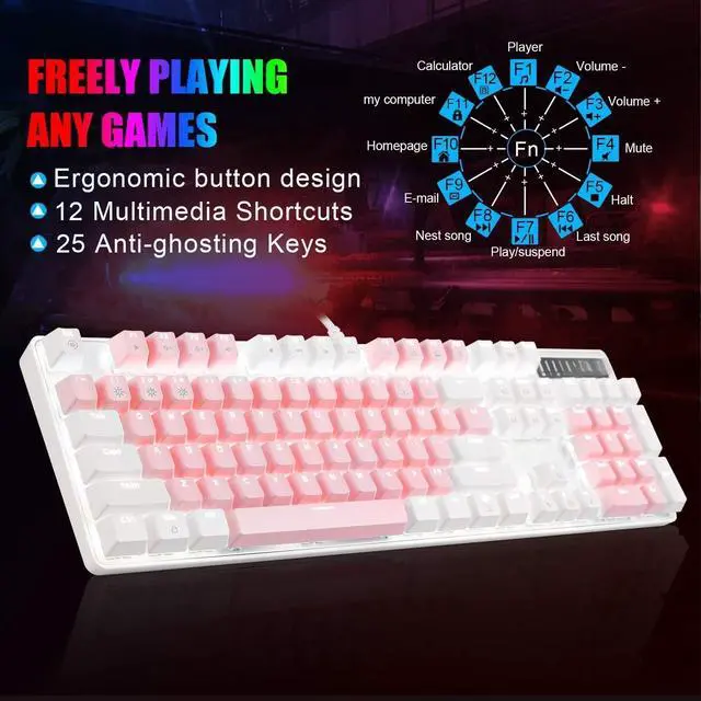 Alt view image 4 of 5 - Mechanical Gaming Keyboard, New Upgraded Blue Switch 104 Keys White Backlit Keyboards, USB Wired Mechanical Computer Keyboard for Laptop, Desktop, PC Gamers(White & Pink)