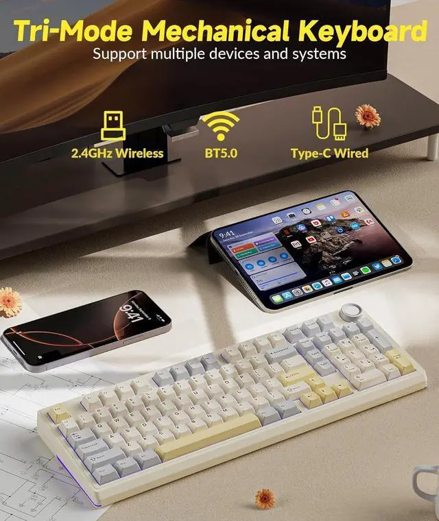 Alt view image 3 of 5 - FOR Pro 96% Wireless Mechanical Gaming Keyboard, Creamy Keyboard with Number Pad, Hot-Swappable Pre-Lubed Switches, Gasket Structure RGB Keyboards for Gamer/PC/Laptop(Beige White)