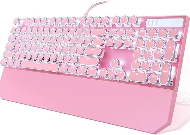 Main image of Typewriter Style Mechanical Gaming Keyboard, Pink Retro Punk Gaming Keyboard with White Backlit, 104 Keys Blue Switch Wired Cute Keyboards, Round Keycaps for Windows/Mac/PC