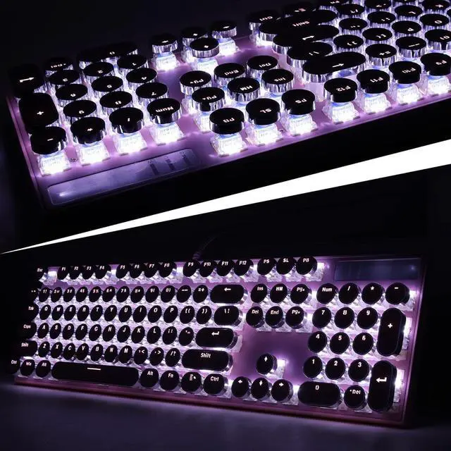 Alt view image 4 of 5 - Typewriter Style Mechanical Gaming Keyboard, Pink Retro Punk Gaming Keyboard with White Backlit, 104 Keys Blue Switch Wired Cute Keyboards, Round Keycaps for Windows/Mac/PC