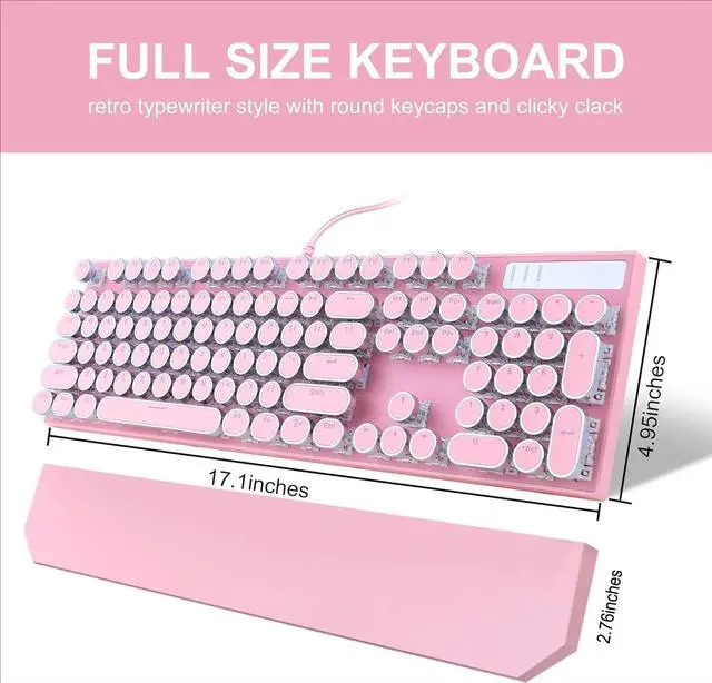 Alt view image 5 of 5 - Typewriter Style Mechanical Gaming Keyboard, Pink Retro Punk Gaming Keyboard with White Backlit, 104 Keys Blue Switch Wired Cute Keyboards, Round Keycaps for Windows/Mac/PC