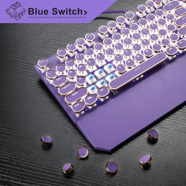 Alt view image 2 of 5 - Typewriter Style Mechanical Gaming Keyboard, Purple Retro Punk Gaming Keyboard with White Backlit, 104 Keys Blue Switch Wired Cute Keyboards, Round Keycaps for Windows/Mac/PC
