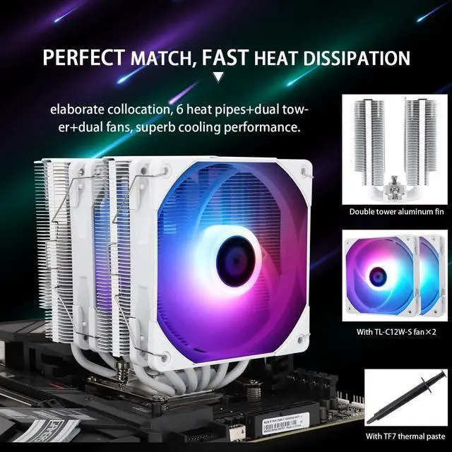 Alt view image 4 of 6 - FOR Peerless Assassin 120 White ARGB CPU Air Cooler,6 Heat Pipes,TL-C12W-S PWM Fan,Aluminium Heatsink Cover, AGHP Technology,for AMD AM4/AM5/Intel LGA 1700/115X/1200/2011/1851