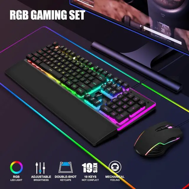 Alt view image 2 of 4 - FOR-K10 Wired Gaming Keyboard and Mouse and Wrist Rest Combo, RGB Backlit, Mechanical Feel Anti-ghosting Keyboard + 7D 7200 DPI Mice+Soft Leather Wrist Rest 3 in 1 PC Gamer Accessories(Black)