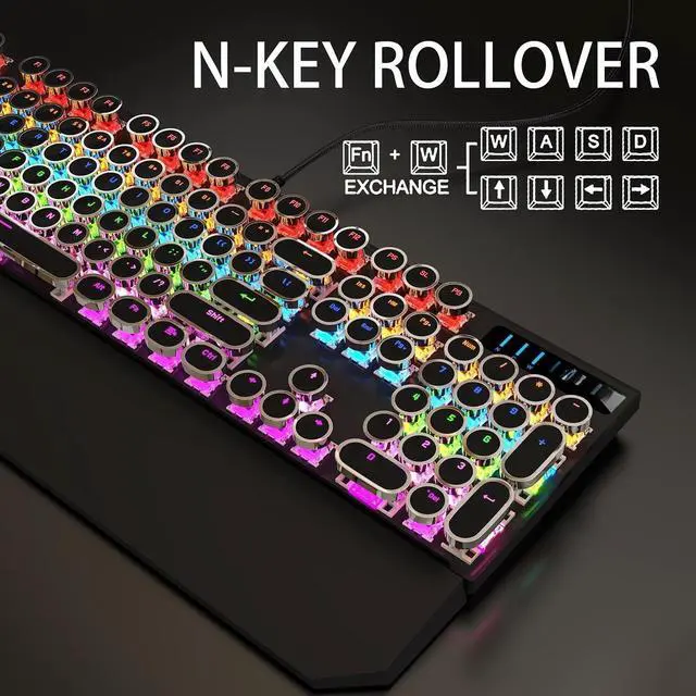 Alt view image 2 of 5 - FOR-Typewriter Style Mechanical Gaming Keyboard, Black Retro Punk Gaming Keyboard with RGB Backlit, 104 Keys Blue Switch Wired Cute Keyboards, Round Keycaps for Windows/Mac/PC