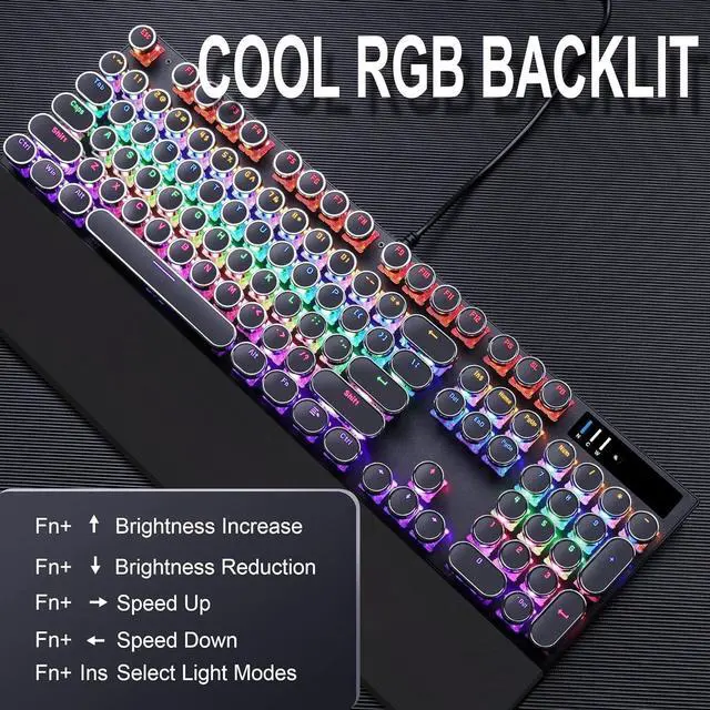 Alt view image 3 of 5 - FOR-Typewriter Style Mechanical Gaming Keyboard, Black Retro Punk Gaming Keyboard with RGB Backlit, 104 Keys Blue Switch Wired Cute Keyboards, Round Keycaps for Windows/Mac/PC
