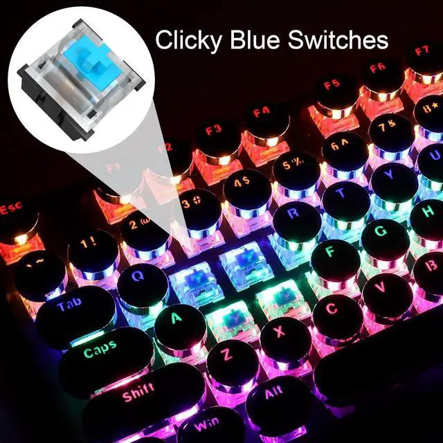 Alt view image 4 of 5 - FOR-Typewriter Style Mechanical Gaming Keyboard, Black Retro Punk Gaming Keyboard with RGB Backlit, 104 Keys Blue Switch Wired Cute Keyboards, Round Keycaps for Windows/Mac/PC