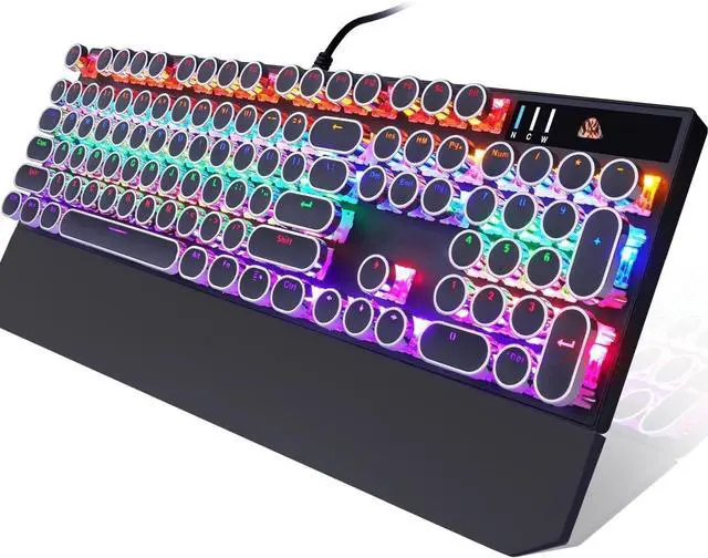 Alt view image 5 of 5 - FOR-Typewriter Style Mechanical Gaming Keyboard, Black Retro Punk Gaming Keyboard with RGB Backlit, 104 Keys Blue Switch Wired Cute Keyboards, Round Keycaps for Windows/Mac/PC